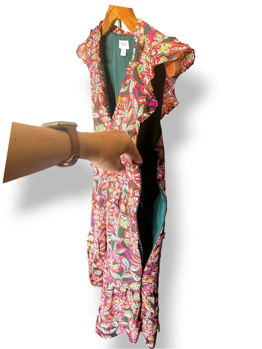 J. Crew Pink/ Green V- Ruffled Neck Mini Dress Size 6.